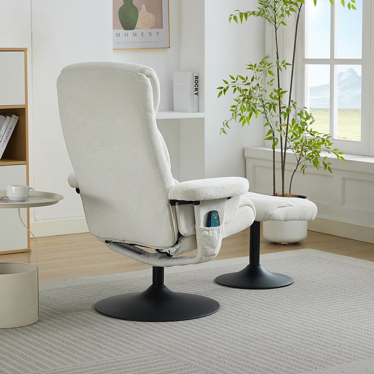 BLACKCOLORS Relaxfauteuil met kantelfunctie en 5-punts massage, tv-fauteuil met elektrische verwarming en voetsteun, 360° draaibaar, wit chenille – foto 7