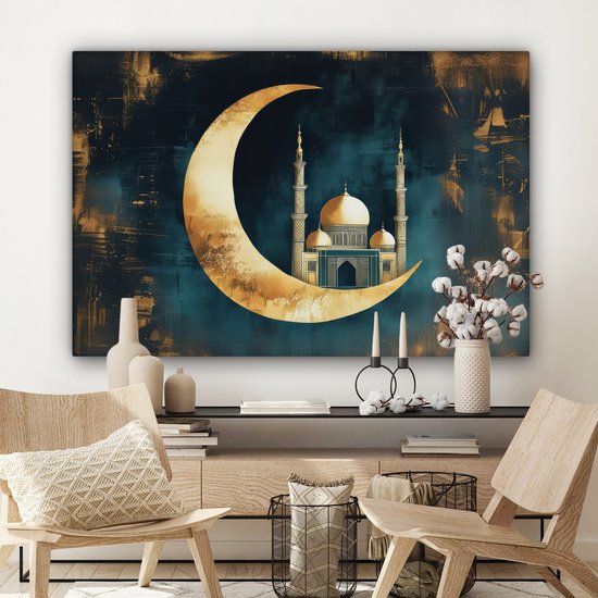 Peinture sur toile 120x80 cm - Décoration murale Mosquée - Croissant de lune - Or - Ramadan - Islamique - Décoration murale salon - Décoration chambre - Accessoires chambre - Peintures sur toile