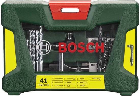 Bosch V-Line 41-delige gereedschapsset in groene koffer, met rode sluiting en geel accent.