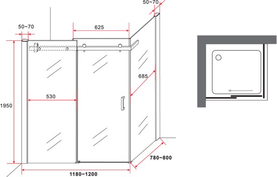 Entrée d'angle Cabine de douche Porte coulissante 800x1200x1950mm Nano (anti-calcaire) Revêtement 8mm Verre de sécurité Profil chromé Easy Clean