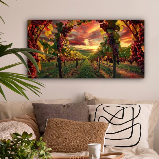Tableau sur toile 100x50 cm - Décoration murale exclusive Vignoble - Raisins - Coucher de soleil - Décoration murale salon - Décoration chambre - Accessoires chambre - Peintures sur toile