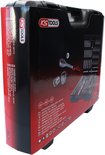 Zijkant van zwarte gereedschapskoffer met "KS TOOLS Evolution Series 195 pcs" informatie en afbeeldingen.