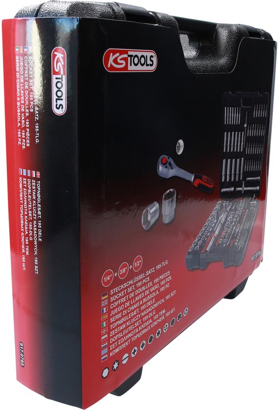 Zijkant van zwarte gereedschapskoffer met "KS TOOLS Evolution Series 195 pcs" informatie en afbeeldingen.