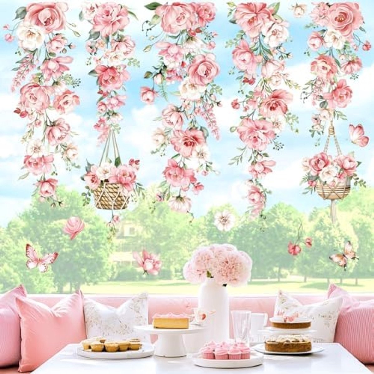 PromoHome Dubbelzijdige Raamstickers Hangende Bloemenranken Roze Pioenroos Anti-Botsing Raamdecoratie Glasfolie Woondecoratie