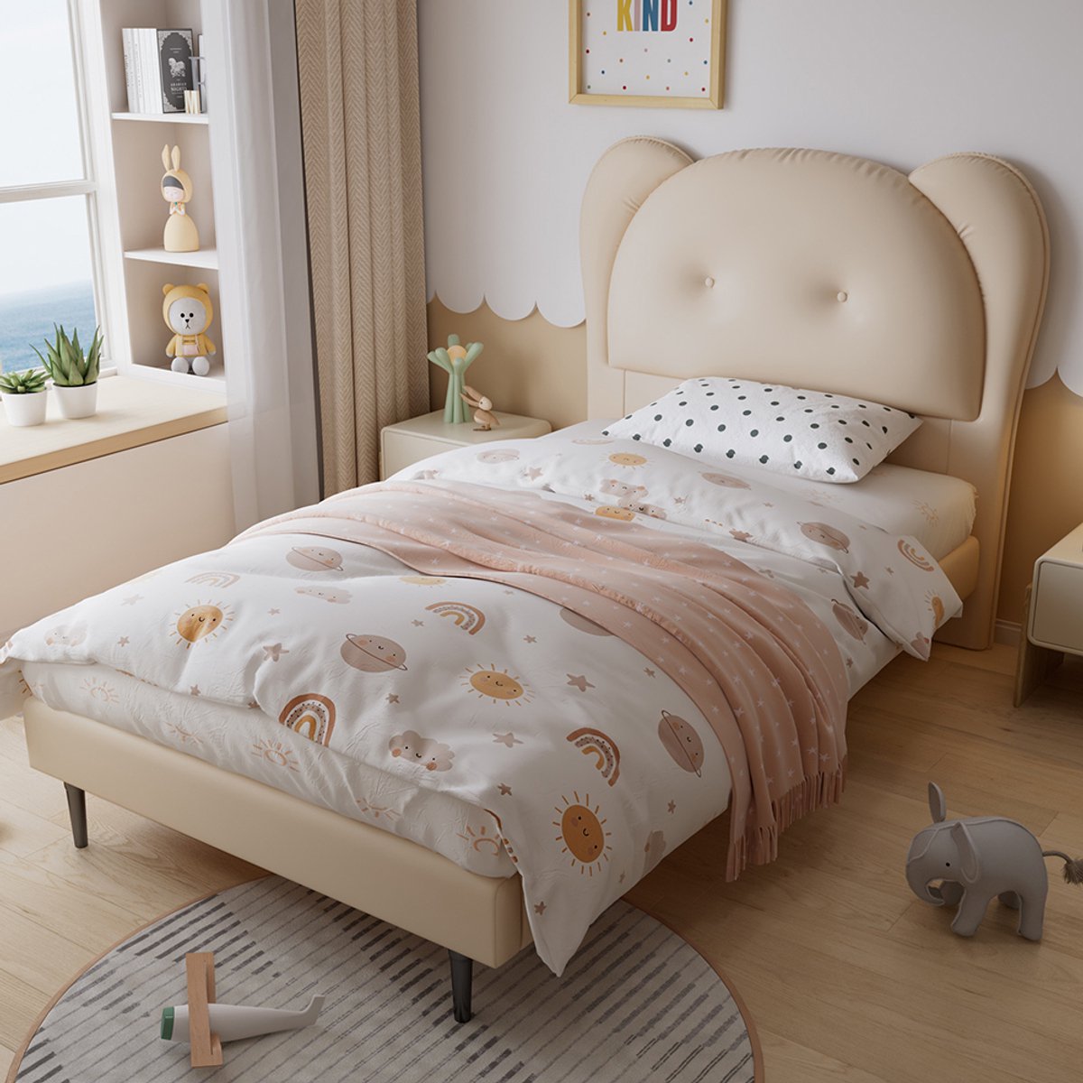 BLACKCOLORS Gestoffeerd bed, eenpersoonsbed, kinderbed, mooi hoofdeinde in de vorm van een dier, stabiele lattenbodem en ijzeren frame, PU, beige, 90 x 200 cm