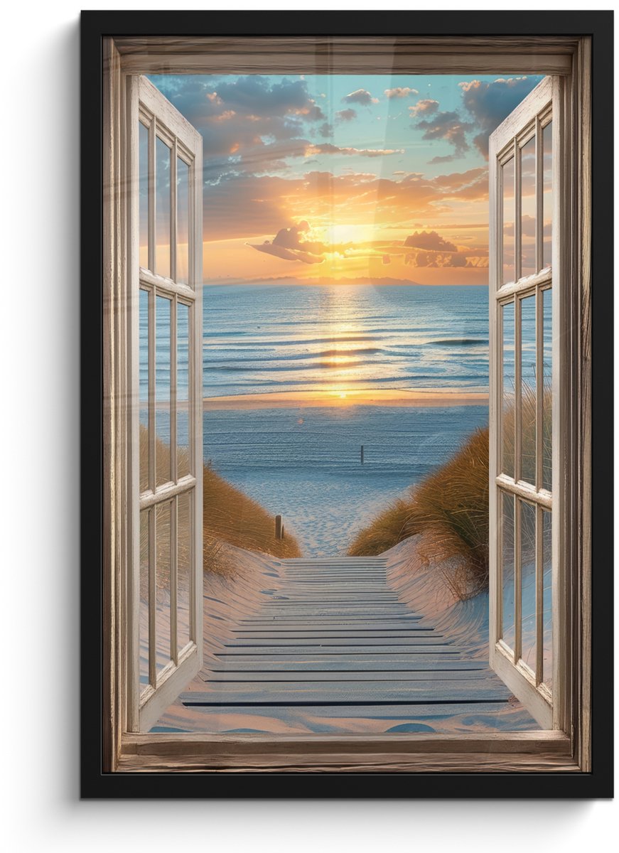 FrameYourWall Poster in lijst - Fotolijst 40x60 cm - Posters - Doorkijk - Strand - Pad - Zonsondergang - Posterlijst zwart - Decoratie - Wanddecoratie woonkamer - Muurdecoratie slaapkamer Zonsondergang - Zee