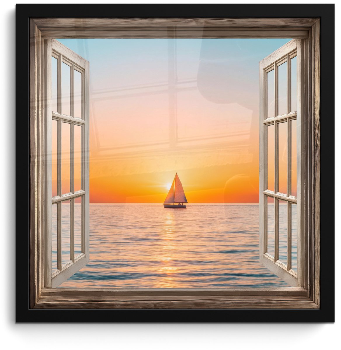 FrameYourWall Poster in lijst - Fotolijst 40x40 cm - Posters - Doorkijk - Zee - Boot - Zonsondergang - Posterlijst zwart - Decoratie - Wanddecoratie woonkamer - Muurdecoratie slaapkamer Zonsondergang - Boot