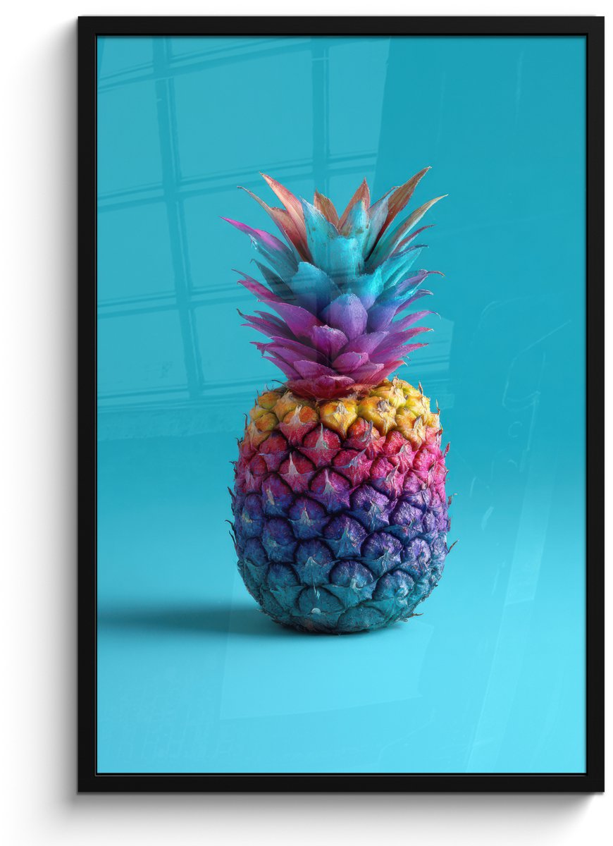 FrameYourWall Poster in lijst - Fotolijst 60x90 cm - Posters - Ananas - Regenboog - Blauw - Popart - Posterlijst zwart - Decoratie - Wanddecoratie woonkamer - Muurdecoratie slaapkamer