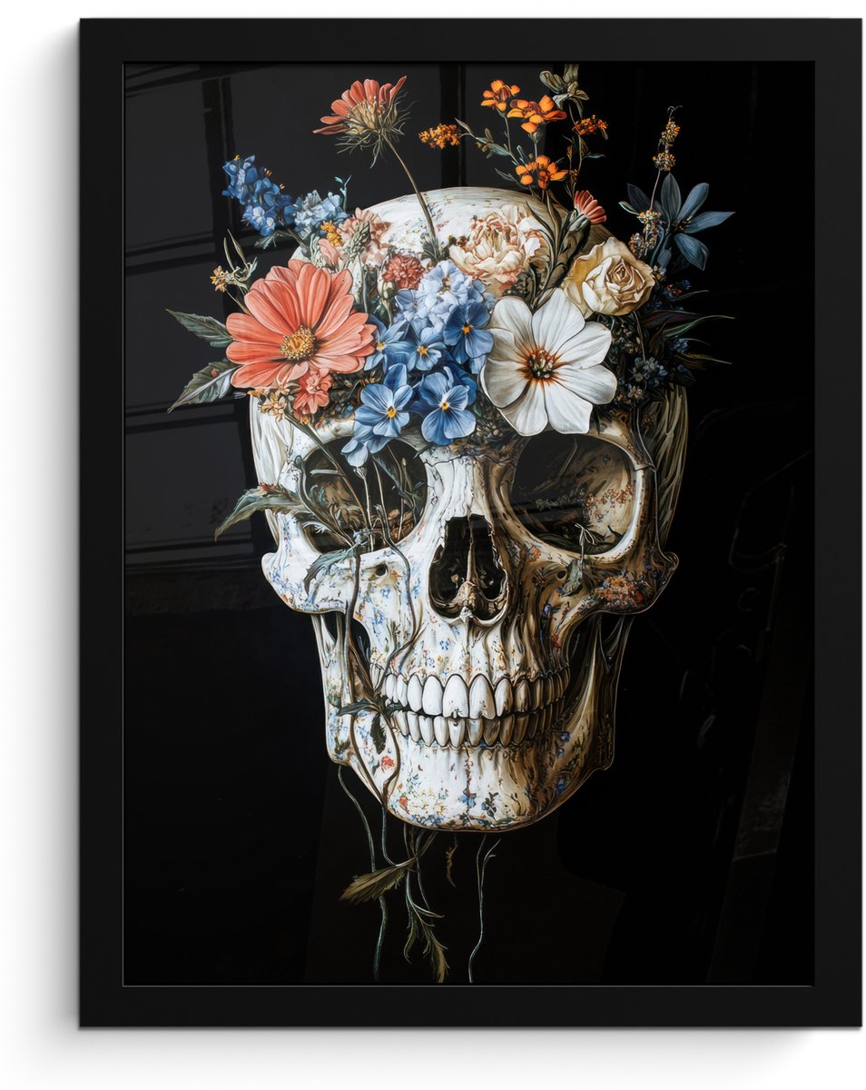 FrameYourWall Poster in lijst - Fotolijst 30x40 cm - Posters - Bloemen - Schedel - Kleurrijk - Posterlijst zwart - Decoratie - Wanddecoratie woonkamer - Muurdecoratie slaapkamer