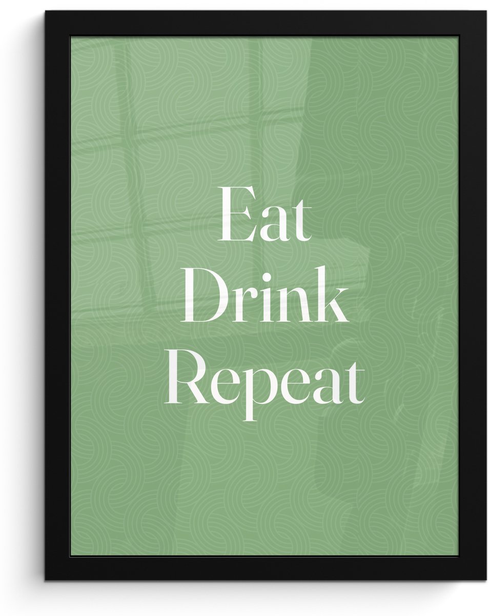 FrameYourWall Poster in lijst - Fotolijst 30x40 cm - Posters - Eten - Drinken - Tekst - Mintgroen - Posterlijst zwart - Decoratie - Wanddecoratie woonkamer - Muurdecoratie slaapkamer Tekst - Eat Drink Repeat