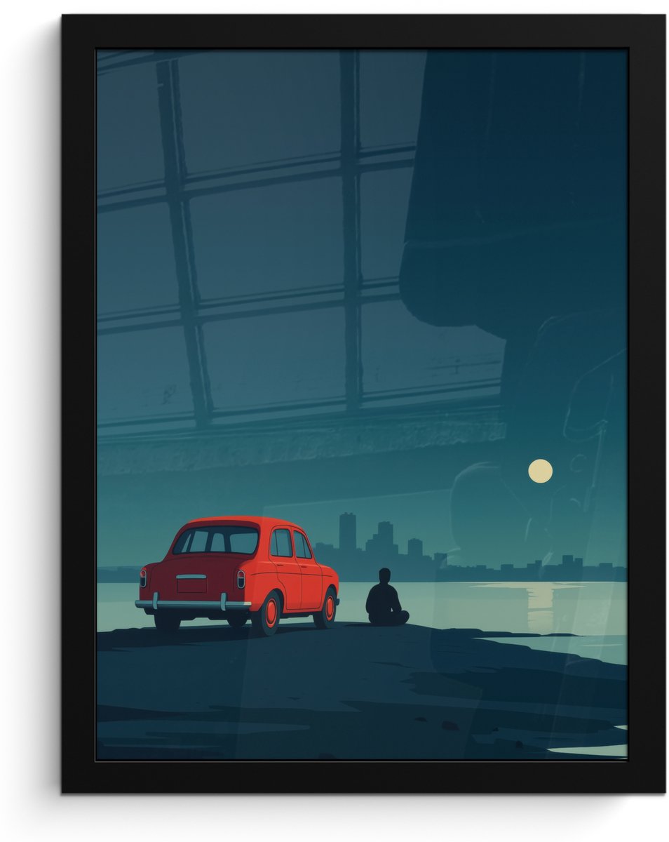 FrameYourWall Poster in lijst - Fotolijst 30x40 cm - Posters - Auto - Volle maan - Uitkijkend over water - Posterlijst zwart - Decoratie - Wanddecoratie woonkamer - Muurdecoratie slaapkamer Water - Maan
