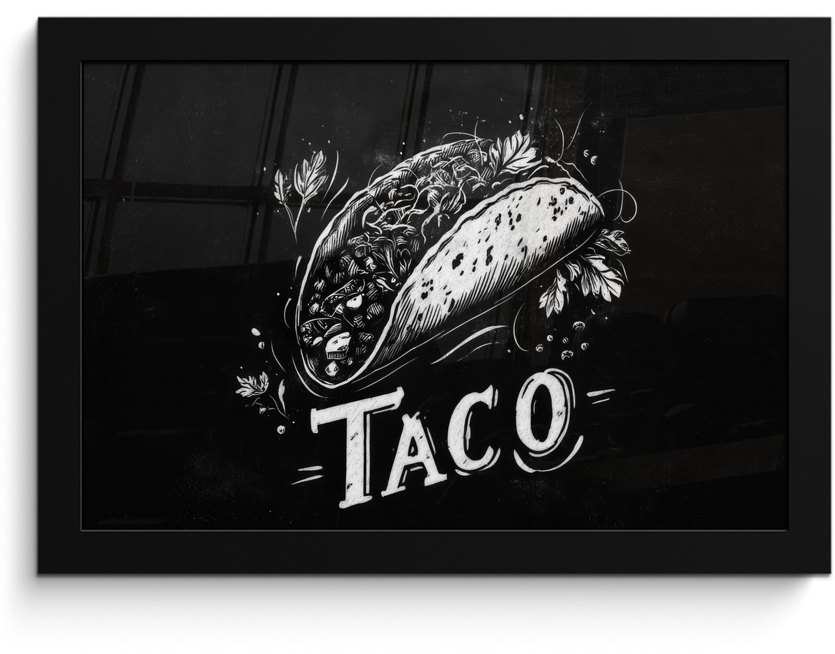 FrameYourWall Poster in lijst - Fotolijst 30x20 cm - Posters - Taco - Kruiden - Witte krijtstijl - Tekst - Posterlijst zwart - Decoratie - Wanddecoratie woonkamer - Muurdecoratie slaapkamer