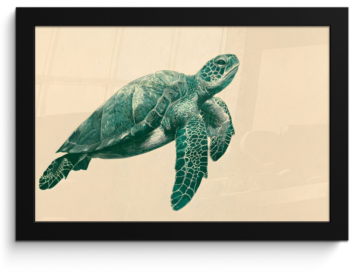 FrameYourWall Poster in lijst - Fotolijst 30x20 cm - Posters - Schildpad - Sierlijk - Groen - Schild - Posterlijst zwart - Decoratie - Wanddecoratie woonkamer - Muurdecoratie slaapkamer