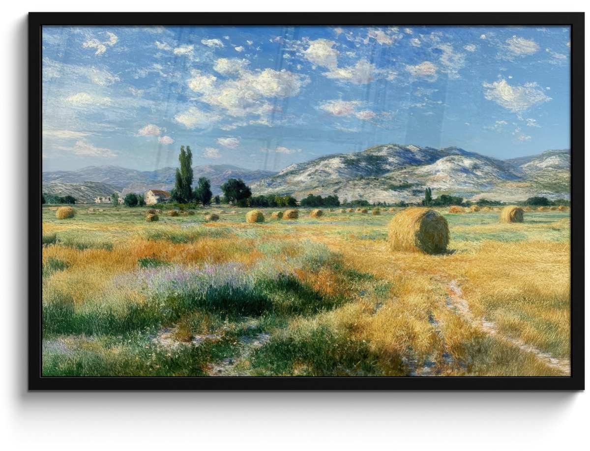 FrameYourWall Poster in lijst - Fotolijst 90x60 cm - Posters - Landschap - Strobalen - Bergen - Wolken - Posterlijst zwart - Decoratie - Wanddecoratie woonkamer - Muurdecoratie slaapkamer