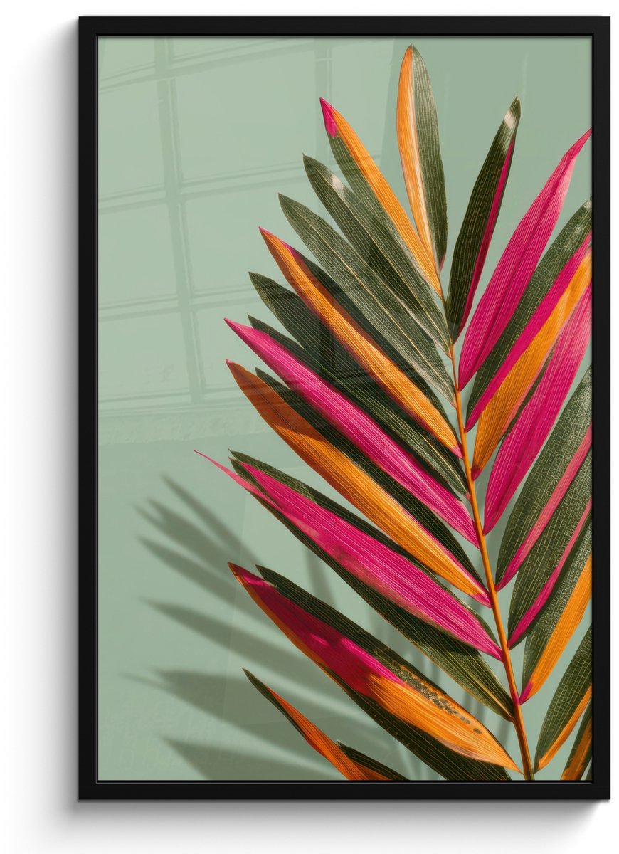 FrameYourWall Poster in lijst - Fotolijst 60x90 cm - Posters - Tak - Bladeren - Kleurrijk - Schaduw - Posterlijst zwart - Decoratie - Wanddecoratie woonkamer - Muurdecoratie slaapkamer