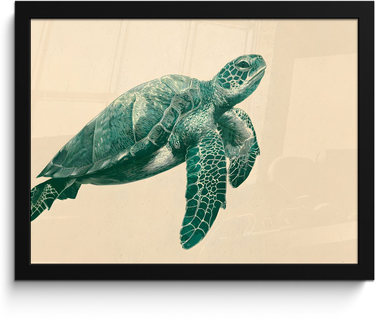FrameYourWall Poster in lijst - Fotolijst 40x30 cm - Posters - Schildpad - Sierlijk - Groen - Schild - Posterlijst zwart - Decoratie - Wanddecoratie woonkamer - Muurdecoratie slaapkamer