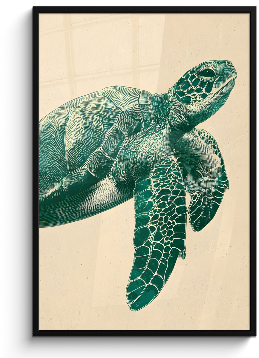 FrameYourWall Poster in lijst - Fotolijst 80x120 cm - Posters - Schildpad - Sierlijk - Groen - Schild - Posterlijst zwart - Decoratie - Wanddecoratie woonkamer - Muurdecoratie slaapkamer
