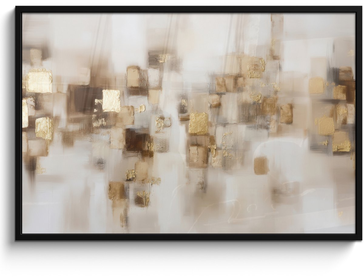 FrameYourWall Poster in lijst - Fotolijst 120x80 cm - Posters - Abstracte vierkanten - Aardetonen - Mistig - Posterlijst zwart - Decoratie - Wanddecoratie woonkamer - Muurdecoratie slaapkamer Aardetonen - Mistig - Abstract
