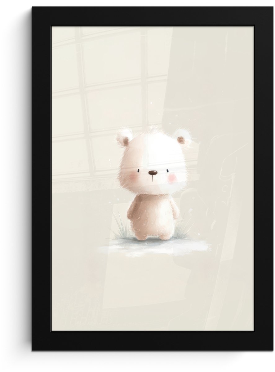 FrameYourWall Poster in lijst - Fotolijst 20x30 cm - Posters - Beertje - Sneeuwvlokje - Wit - Pluizig - Posterlijst zwart - Decoratie - Wanddecoratie woonkamer - Muurdecoratie slaapkamer