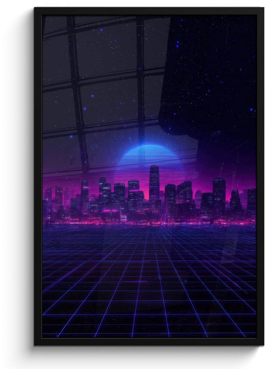 FrameYourWall Poster in lijst - Fotolijst 60x90 cm - Posters - Skyline - Zon - Neon - Rasterpatroon - Posterlijst zwart - Decoratie - Wanddecoratie woonkamer - Muurdecoratie slaapkamer Stad - Sterrenhemel - Neon