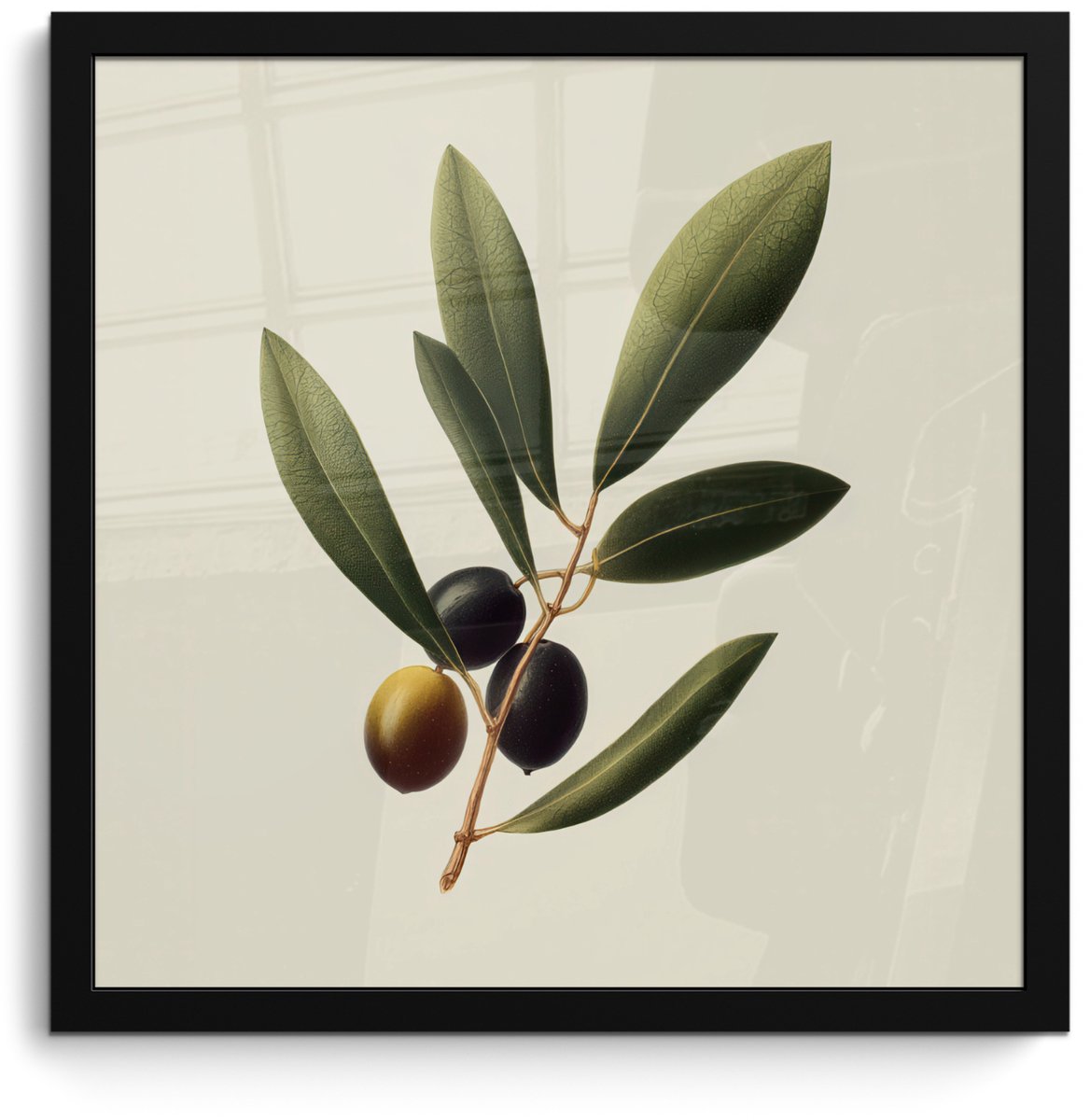 FrameYourWall Poster in lijst - Fotolijst 40x40 cm - Posters - Olijftak - Donkergroen - Olijven - Posterlijst zwart - Decoratie - Wanddecoratie woonkamer - Muurdecoratie slaapkamer