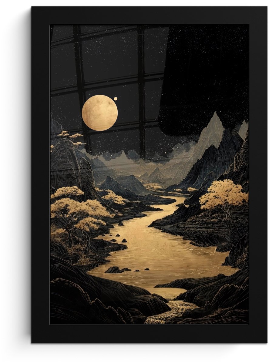 FrameYourWall Poster in lijst - Fotolijst 20x30 cm - Posters - Gouden rivier - Bergen - Maan - Sterrenhemel - Posterlijst zwart - Decoratie - Wanddecoratie woonkamer - Muurdecoratie slaapkamer