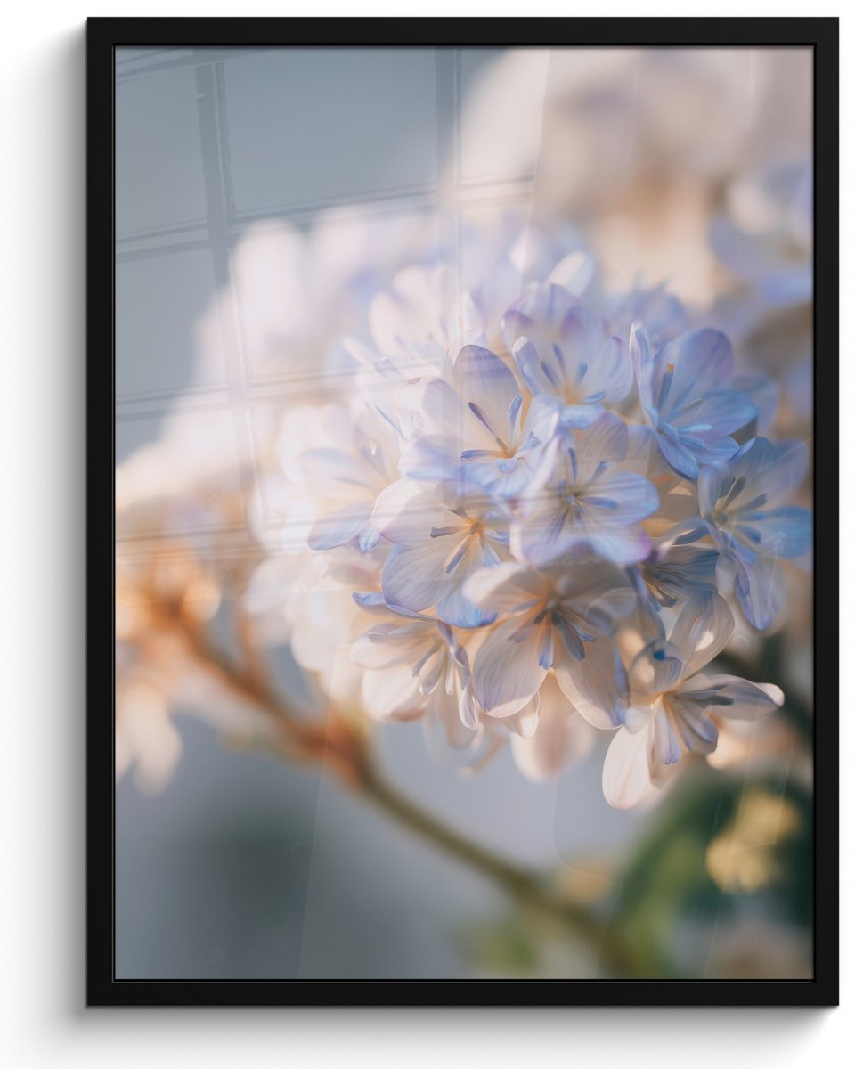 FrameYourWall Poster in lijst - Fotolijst 60x80 cm - Posters - Bloemen - Lichtblauw - Wazig - Trosje - Posterlijst zwart - Decoratie - Wanddecoratie woonkamer - Muurdecoratie slaapkamer