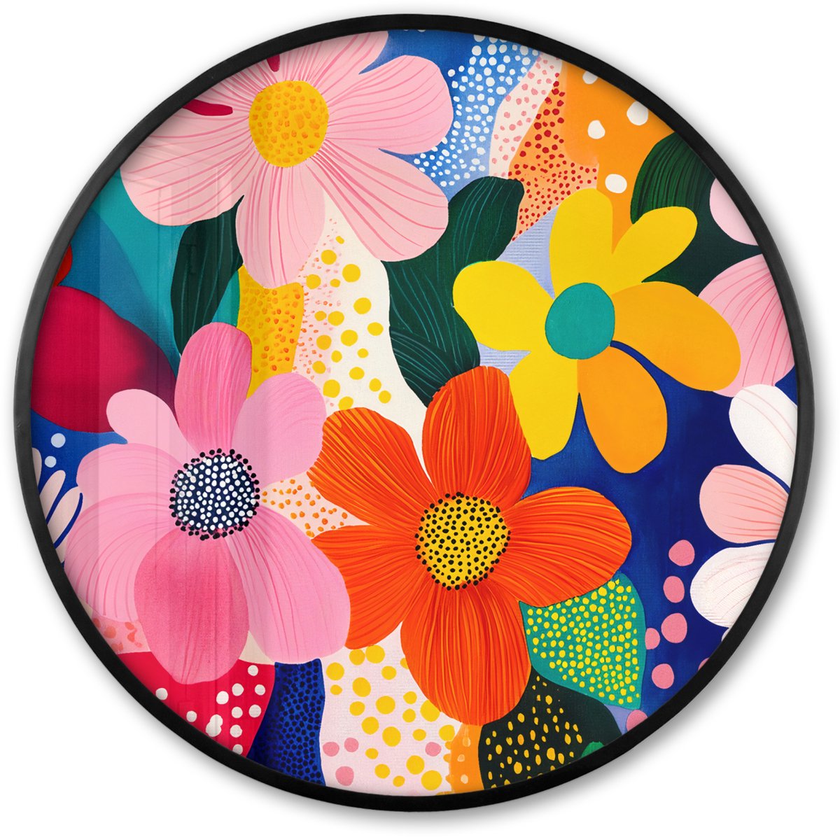 FrameYourWall Poster in lijst Rond - Fotolijst 60x60 cm - Posters - Bloemen - Kleurrijk - Stippen - Ronde posterlijst zwart - Decoratie - Wanddecoratie woonkamer - Muurdecoratie slaapkamer Stippen - Vormen - Modern
