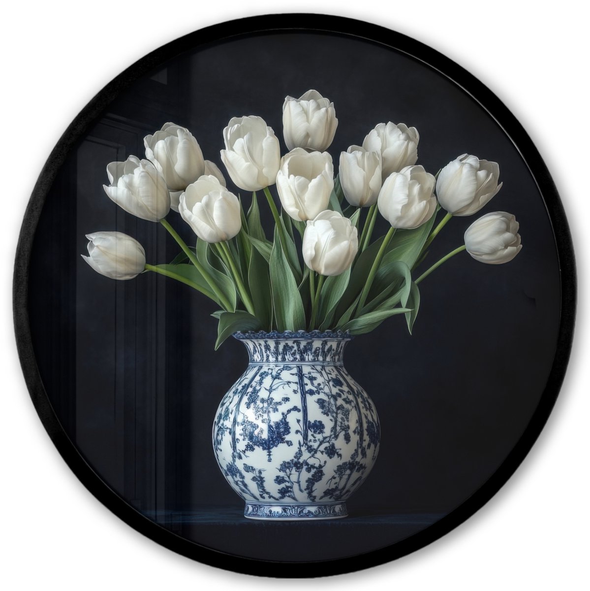 FrameYourWall Poster in lijst Rond - Fotolijst 40x40 cm - Posters - Wit - Bloemen - Tulpen - Vaas - Ronde posterlijst zwart - Decoratie - Wanddecoratie woonkamer - Muurdecoratie slaapkamer Tulpen - Wit