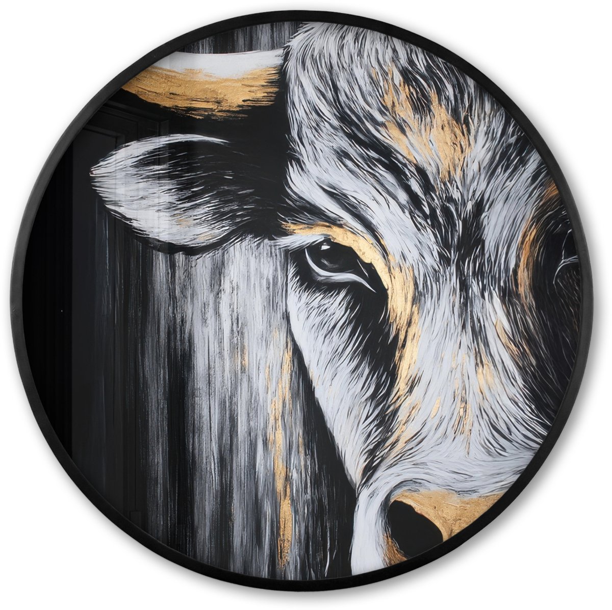 FrameYourWall Poster in lijst Rond - Fotolijst 60x60 cm - Posters - Stier - Hoorns - Snuit - Goud - Ronde posterlijst zwart - Decoratie - Wanddecoratie woonkamer - Muurdecoratie slaapkamer