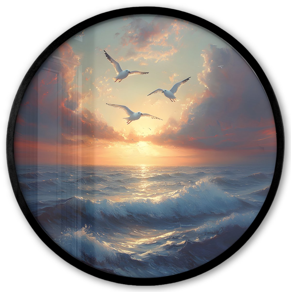 FrameYourWall Poster in lijst Rond - Fotolijst 40x40 cm - Posters - Meeuwen - Zonsondergang - Zee - Wolken - Ronde posterlijst zwart - Decoratie - Wanddecoratie woonkamer - Muurdecoratie slaapkamer