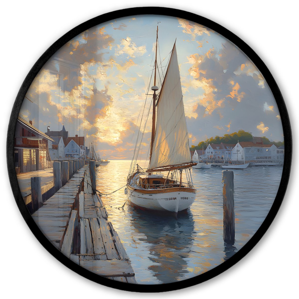 FrameYourWall Poster in lijst Rond - Fotolijst 40x40 cm - Posters - Zeilboot - Zon - Pier - Hout - Ronde posterlijst zwart - Decoratie - Wanddecoratie woonkamer - Muurdecoratie slaapkamer Zeilboot - Pier