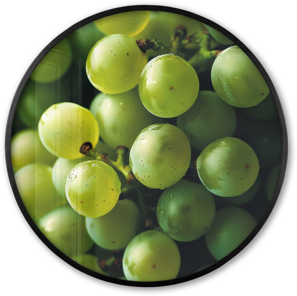 FrameYourWall Poster in lijst Rond - Fotolijst 60x60 cm - Posters - Druiven - Tros - Groen - Ronde posterlijst zwart - Decoratie - Wanddecoratie woonkamer - Muurdecoratie slaapkamer