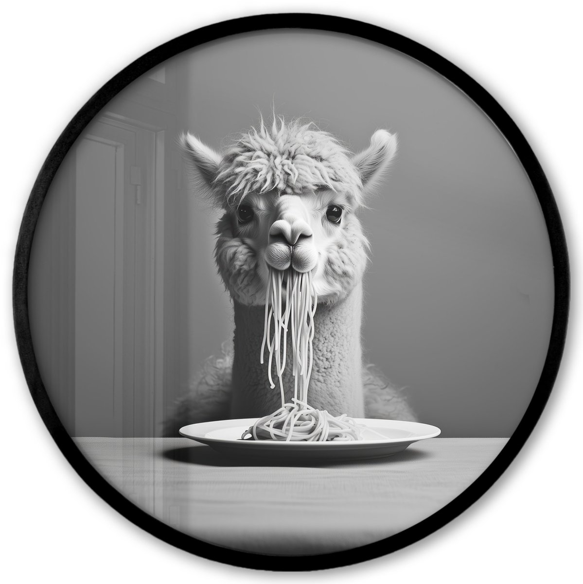 FrameYourWall Poster in lijst Rond - Fotolijst 40x40 cm - Posters - Alpaca - Pasta - Zwart - Wit - Grappig - Dieren - Ronde posterlijst zwart - Decoratie - Wanddecoratie woonkamer - Muurdecoratie slaapkamer
