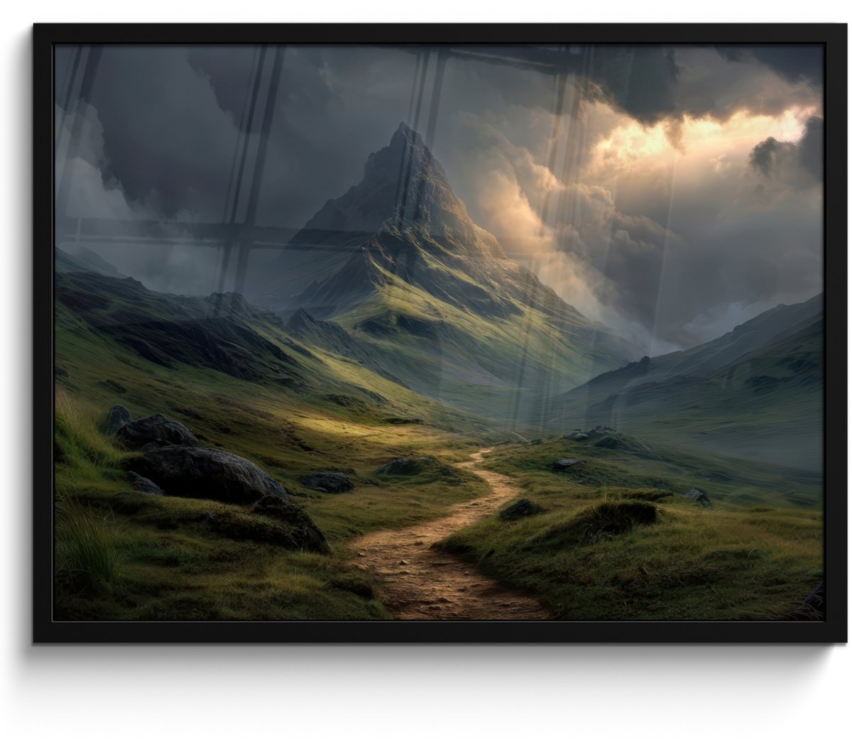 FrameYourWall Poster in lijst - Fotolijst 80x60 cm - Posters - Bergen - Kronkelpad - Groen - Wolken - Posterlijst zwart - Decoratie - Wanddecoratie woonkamer - Muurdecoratie slaapkamer Bergen - Pad - Wolken