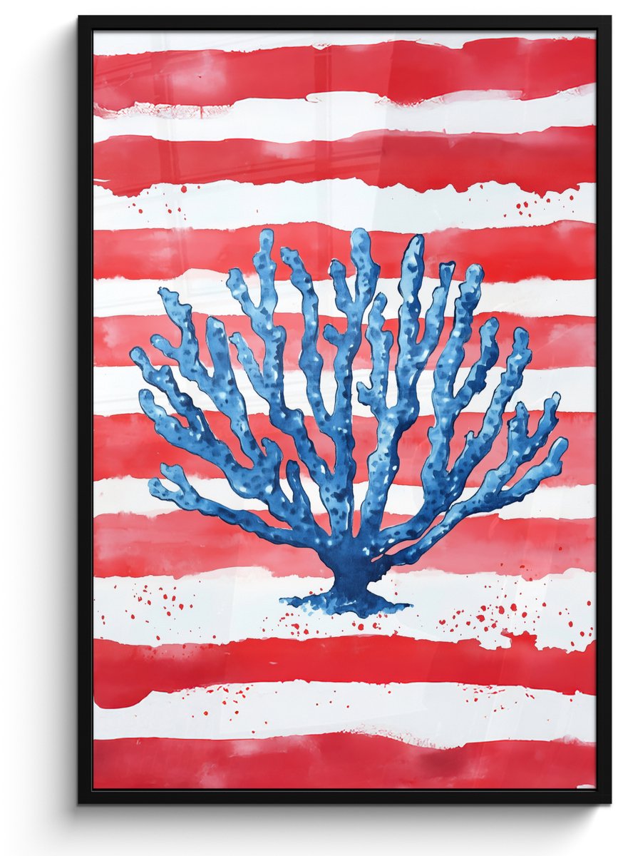 FrameYourWall Poster in lijst - Fotolijst 80x120 cm - Posters - Koraal - Verfstructuur - Rood - Blauw - Posterlijst zwart - Decoratie - Wanddecoratie woonkamer - Muurdecoratie slaapkamer Koraal - Strepen