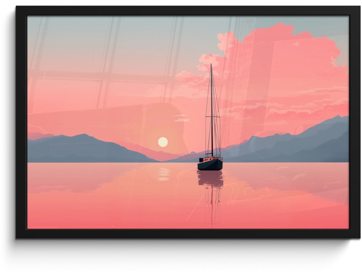 FrameYourWall Poster in lijst - Fotolijst 60x40 cm - Posters - Zeilboot - Roze zee - Zonsondergang - Bergen - Posterlijst zwart - Decoratie - Wanddecoratie woonkamer - Muurdecoratie slaapkamer Zeilboot - Zee - Bergen
