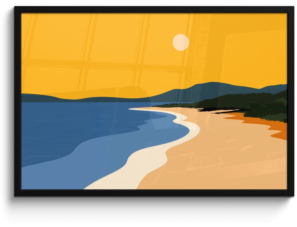 FrameYourWall Poster in lijst - Fotolijst 90x60 cm - Posters - Kustlijn - Oranje lucht - Begroeiing - Posterlijst zwart - Decoratie - Wanddecoratie woonkamer - Muurdecoratie slaapkamer Kustlijn - Zon