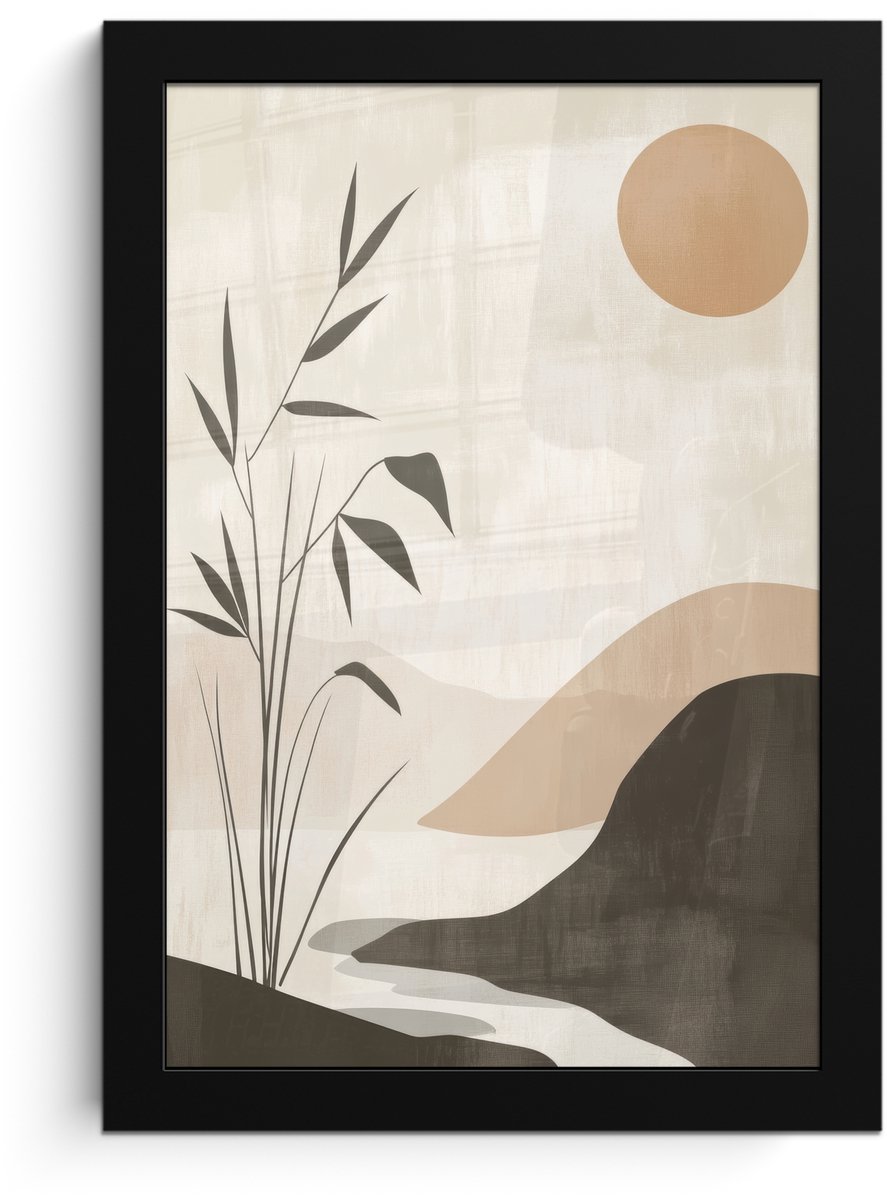 FrameYourWall Poster in lijst - Fotolijst 20x30 cm - Posters - Japandi - Landschap - Beige - Posterlijst zwart - Decoratie - Wanddecoratie woonkamer - Muurdecoratie slaapkamer Natuur
