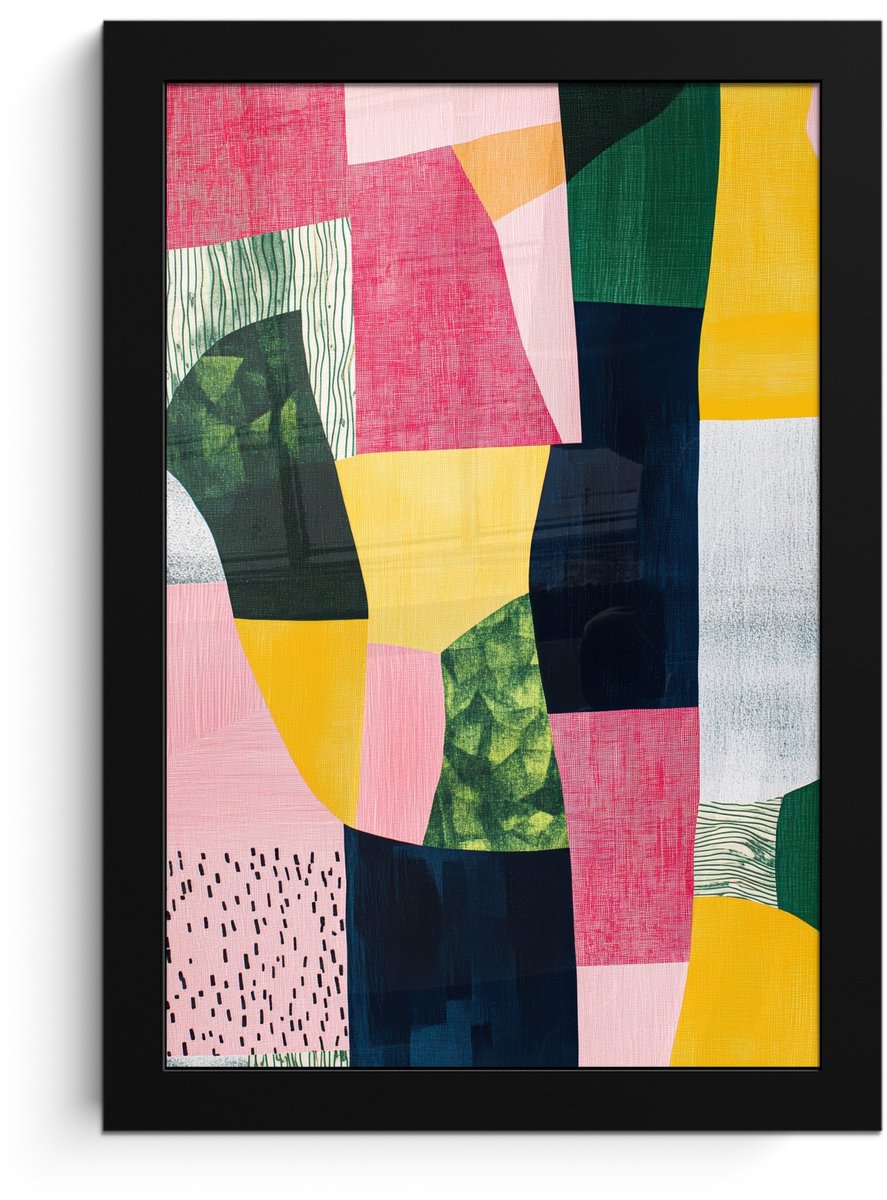 FrameYourWall Poster in lijst - Fotolijst 20x30 cm - Posters - Abstract - Roze - Lappen - Vormen - Geel - Posterlijst zwart - Decoratie - Wanddecoratie woonkamer - Muurdecoratie slaapkamer