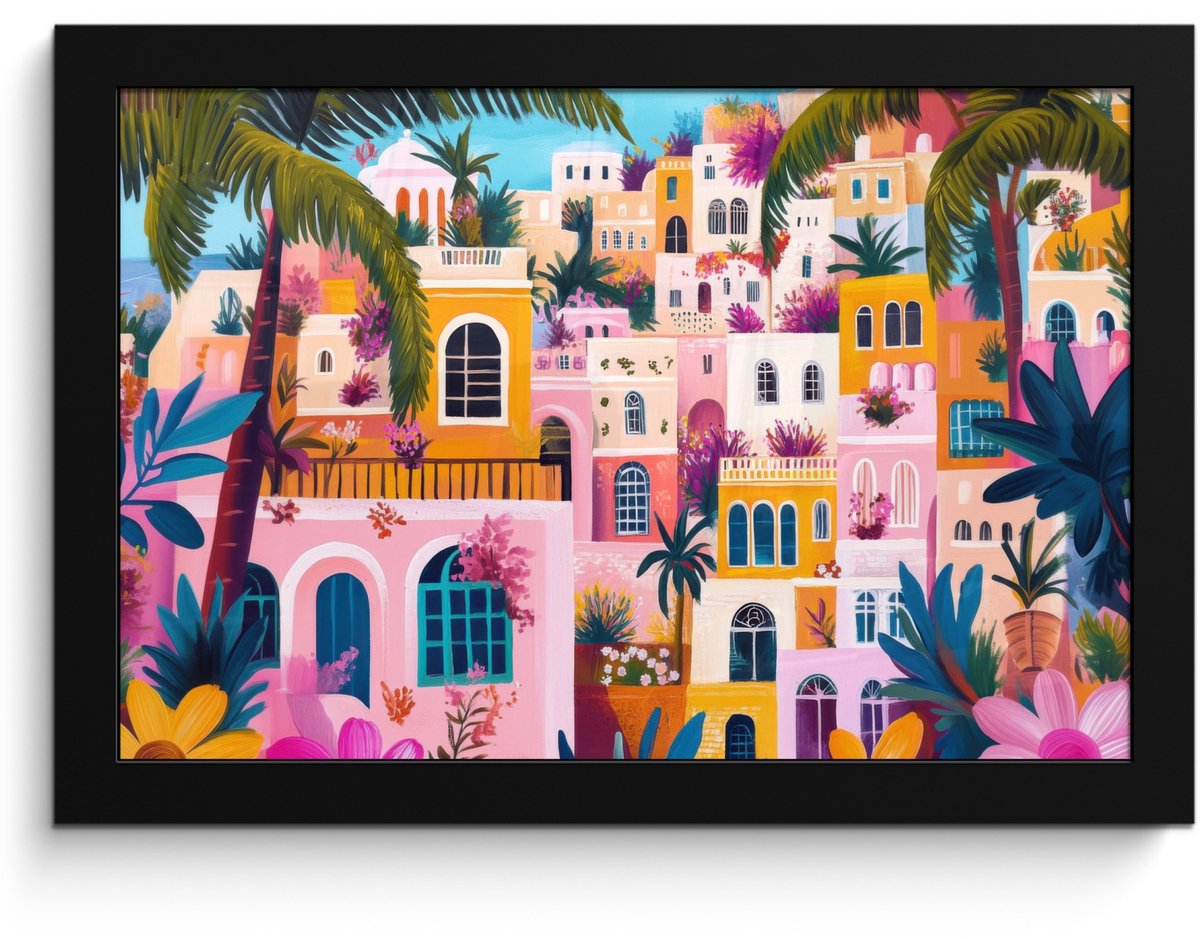FrameYourWall Poster in lijst - Fotolijst 30x20 cm - Posters - Kleurrijk - Roze - Oranje - Geel - Bloemen - Posterlijst zwart - Decoratie - Wanddecoratie woonkamer - Muurdecoratie slaapkamer Stad - Kleurrijk