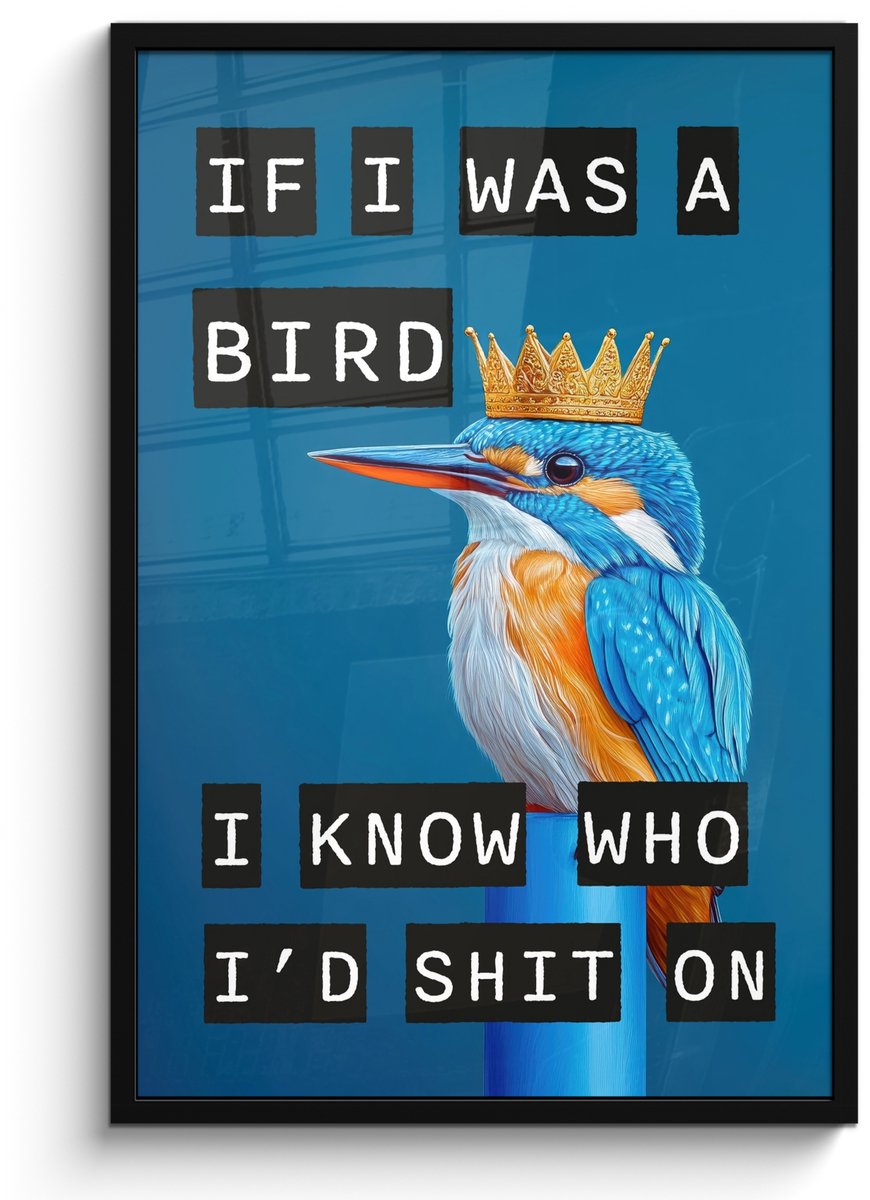 FrameYourWall Poster in lijst - Fotolijst 60x90 cm - Posters - Vogel - Decoratie - Ijsvogel - Blauw - Posterlijst zwart - Decoratie - Wanddecoratie woonkamer - Muurdecoratie slaapkamer Tekst - IJsvogel