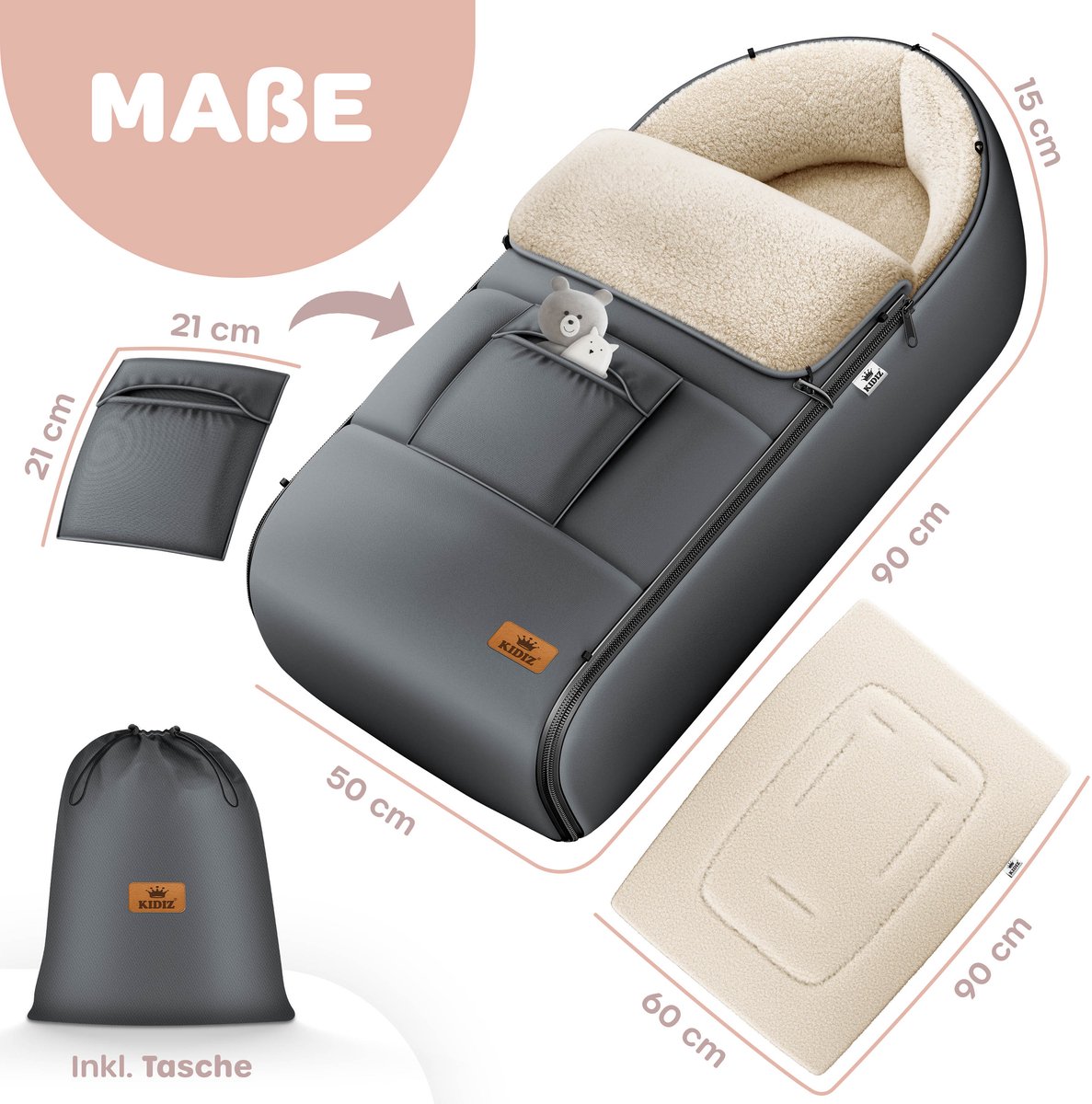 KIDIZ® Voetenzak voor Autostoeltje en Buggy met Ritssluiting - Baby Slaapzak Deken voor Maxi-Cosi & Wandelwagen / Kinderwagen - Antraciet – foto 2