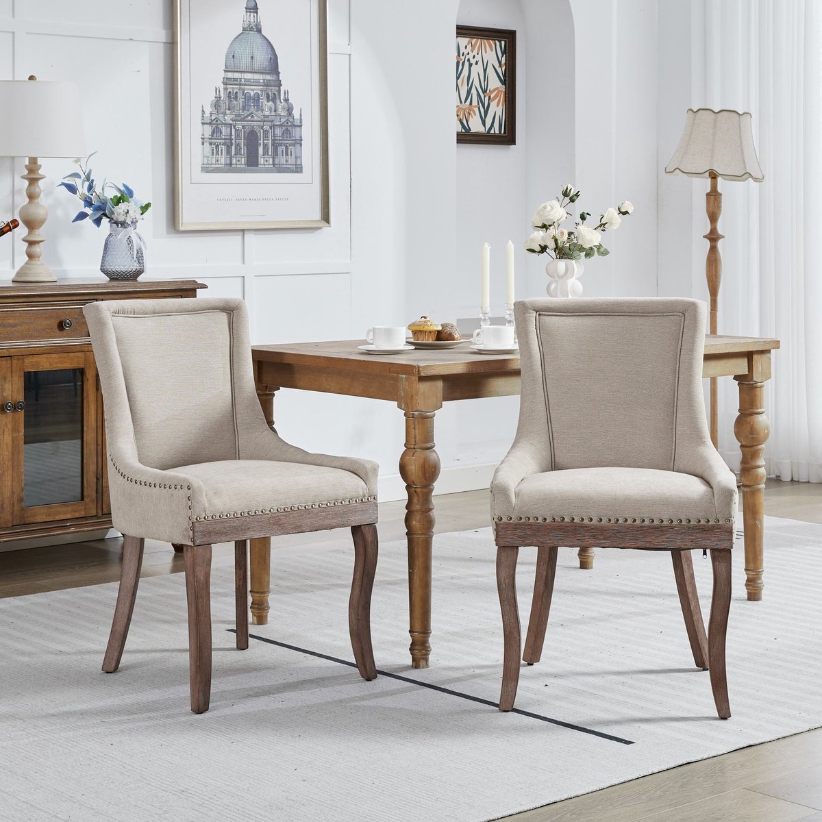 Merax Set van 2 Eetkamerstoelen – Beige Chenille – Houten Poten