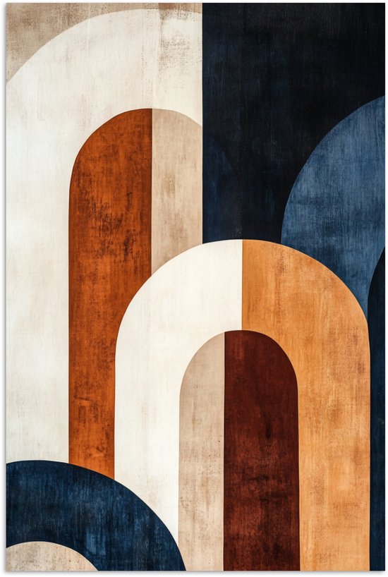 Abstracte poster met overlappende bogen in terra, crème, donkerblauw en bruin.