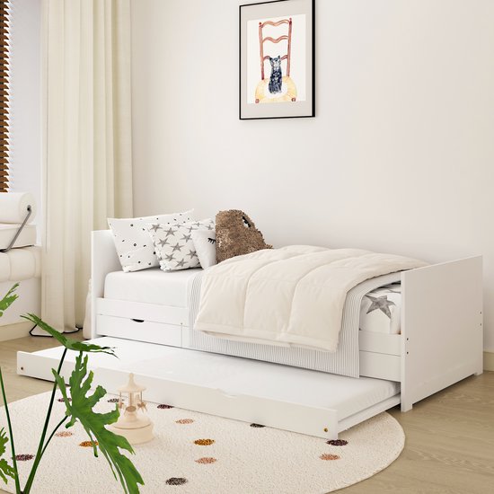 Sunny Eli Lit gigogne – Avec 3 tiroirs de rangement – Lit gigogne enfant – 206 x 97 x 75 cm – Lit enfant pour filles et garçons – 100% Bois FSC – Avec sommier à lattes – Matelas non inclus – Blanc
