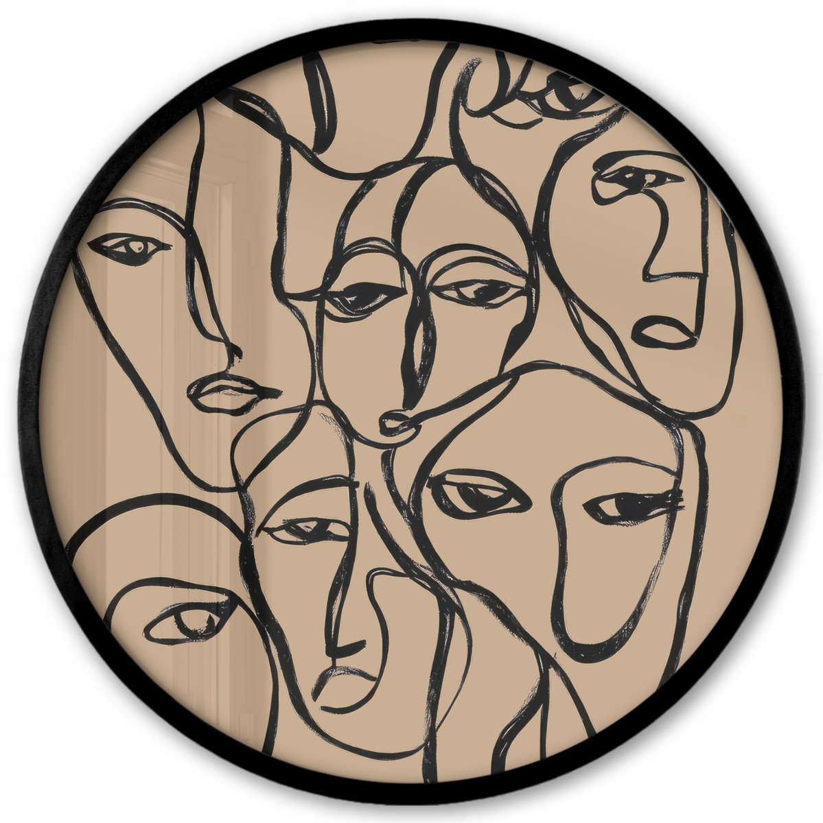 FrameYourWall Poster in lijst Rond - Fotolijst 40x40 cm - Posters - Gezichtenzee - Lijntekening - Abstract - Ronde posterlijst zwart - Decoratie - Wanddecoratie woonkamer - Muurdecoratie slaapkamer Gezichten - Lijntekening