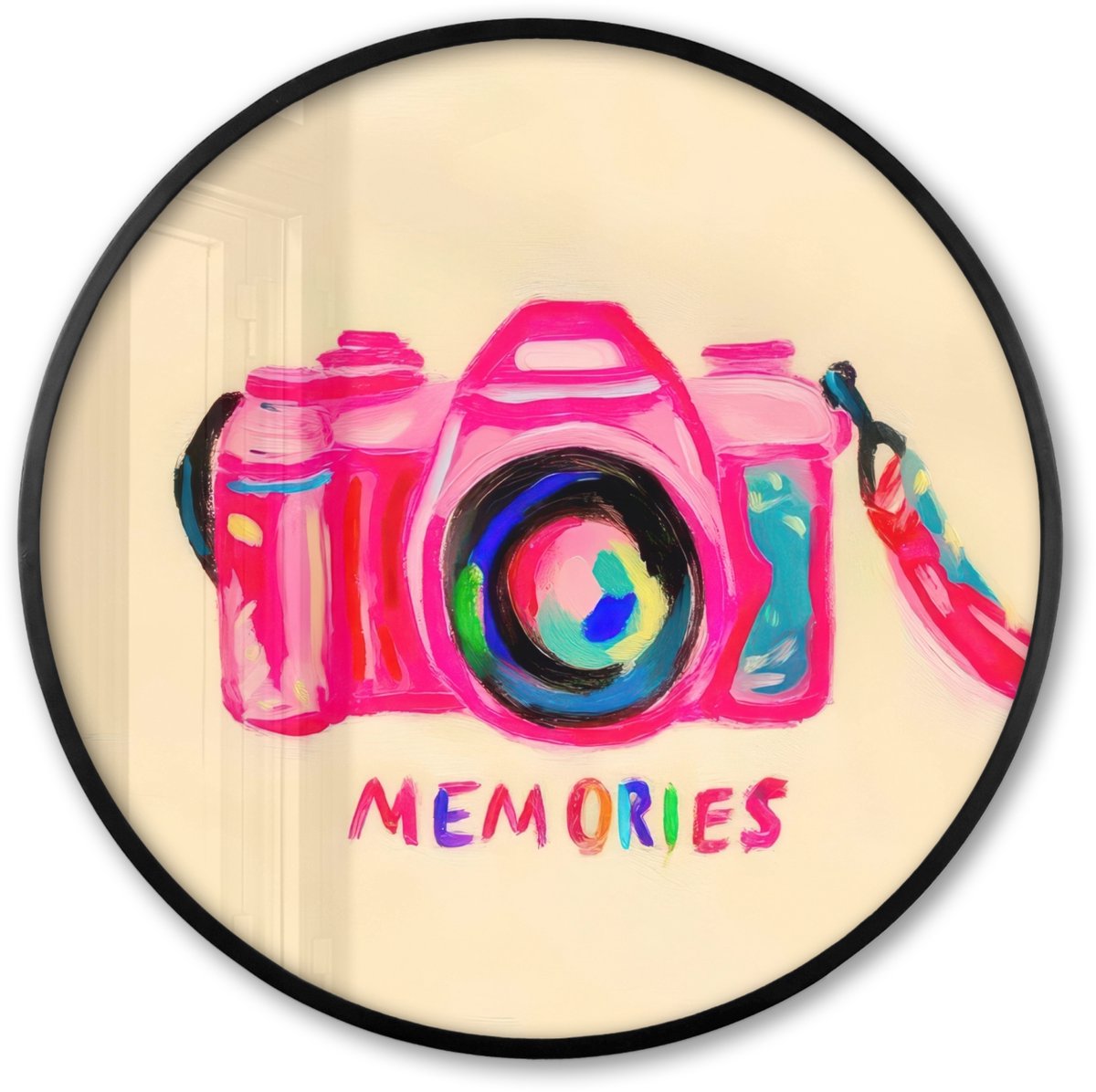 FrameYourWall Poster in lijst Rond - Fotolijst 80x80 cm - Posters - Camera - Memories - Roze - Geschilderd - Ronde posterlijst zwart - Decoratie - Wanddecoratie woonkamer - Muurdecoratie slaapkamer