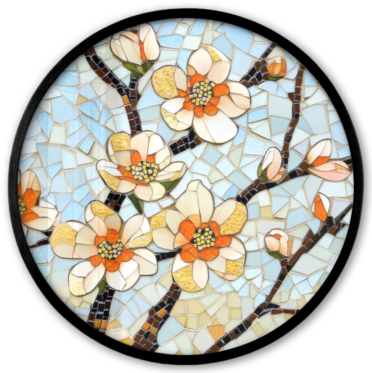 FrameYourWall Poster in lijst Rond - Fotolijst 40x40 cm - Posters - Bloesems - Wit - Mozaïek - Tak - Ronde posterlijst zwart - Decoratie - Wanddecoratie woonkamer - Muurdecoratie slaapkamer