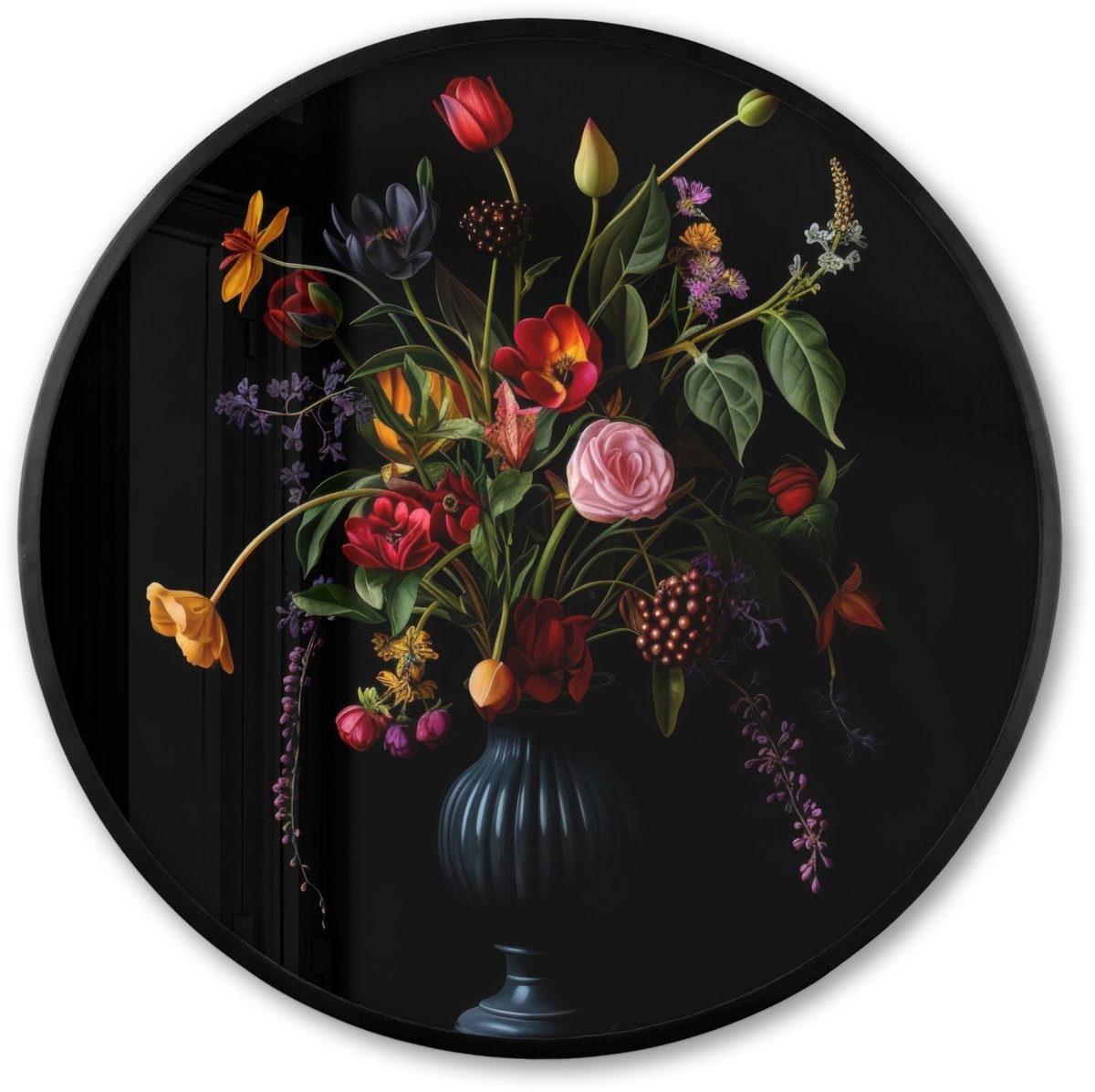 FrameYourWall Poster in lijst Rond - Fotolijst 80x80 cm - Posters - Bloemen - Bessen - Klassiek - Ronde posterlijst zwart - Decoratie - Wanddecoratie woonkamer - Muurdecoratie slaapkamer Boeket - Bloemen 1